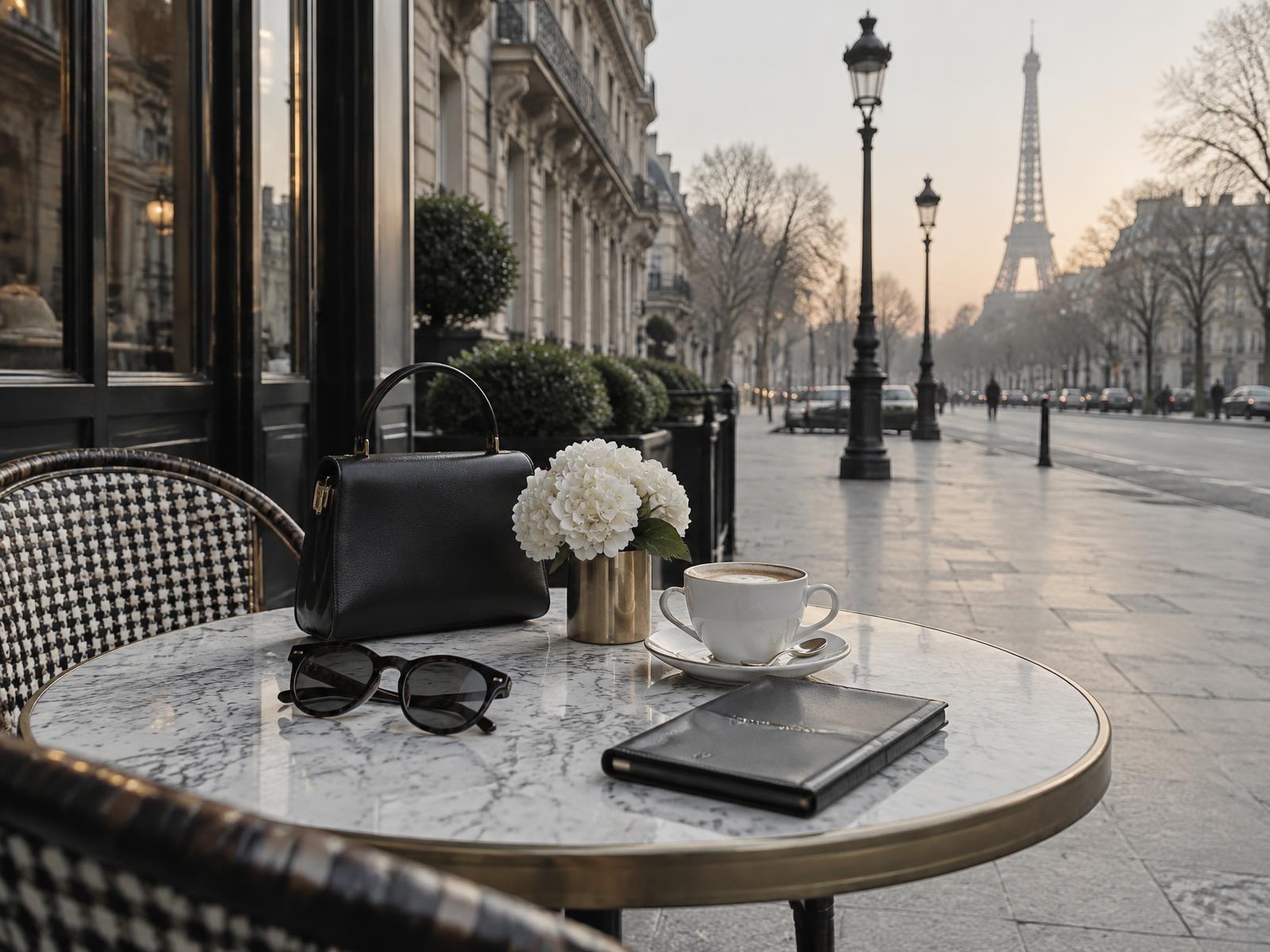 Mesa de café em um boulevard europeu com objetos premium